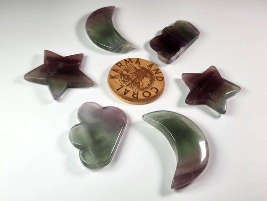 Silky Rainbow Fluorite Crystal Crescent Moons, Stars, Clouds